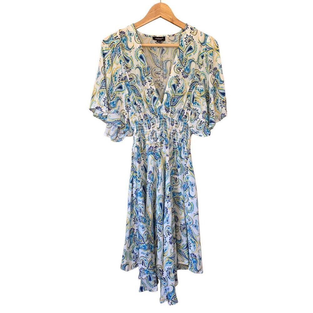 Tolani Diana Deep V-neck Paisley Print Dress White, Blue Size S